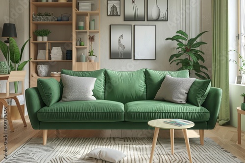 Modern green sofa with wooden legs in a living room setting. photo