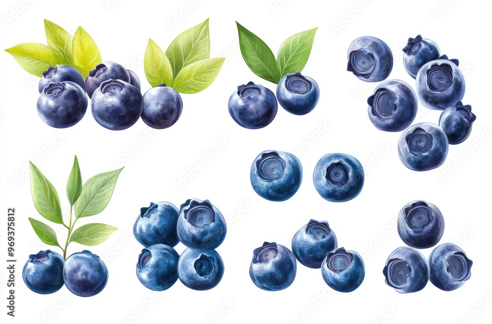 A Collection of Fresh Blueberries with Leaves in Various Clusters for a Vibrant Fruit Display A Collection of Fresh Blueberries with Leaves in Various Clusters for a Vibrant Fruit Display