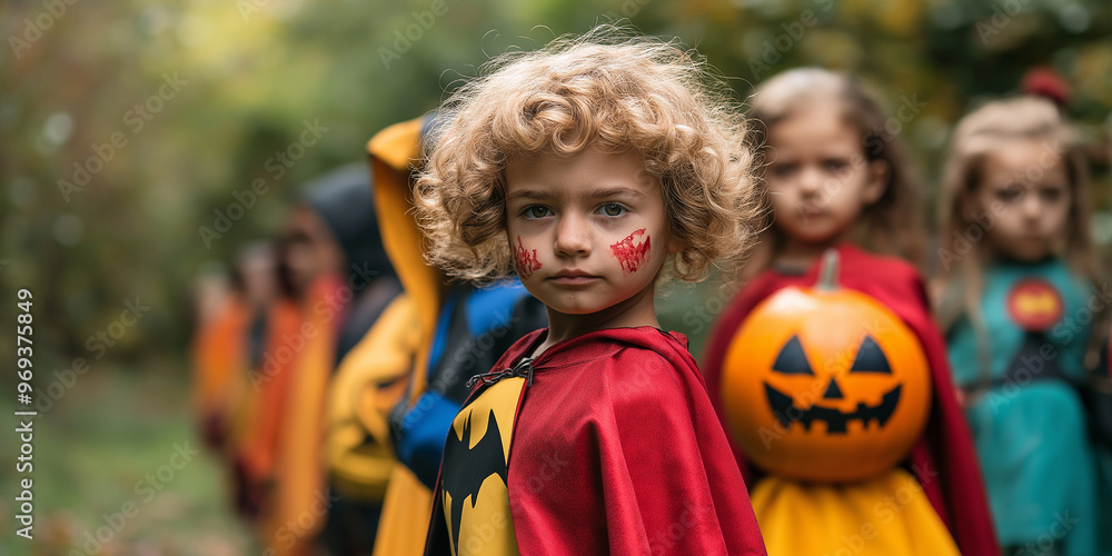 A group of children dressed in Halloween costumes stand in a line A group of children dressed in Halloween costumes stand in a line