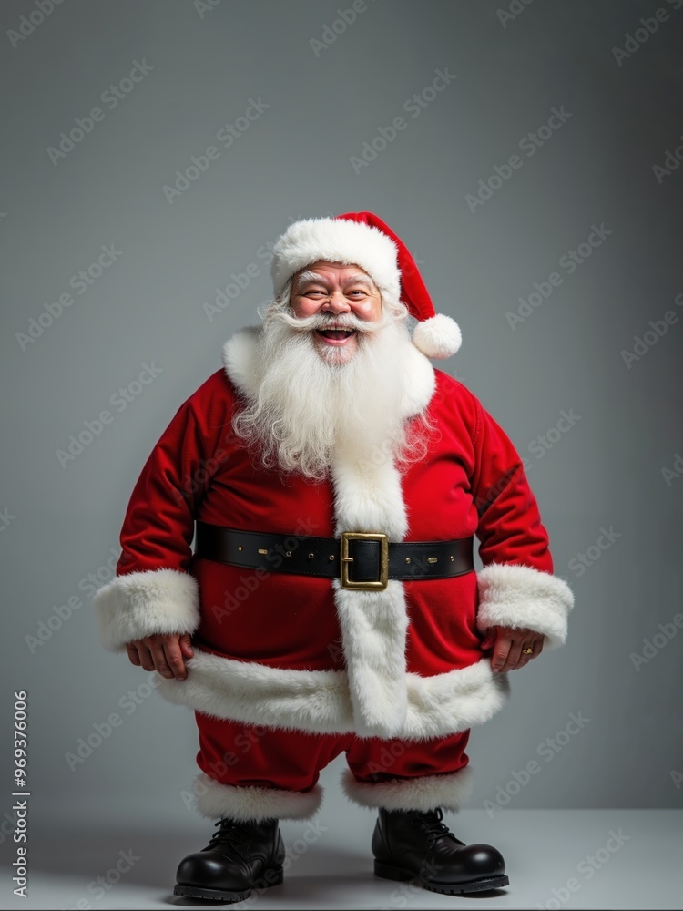 Joyful round shaped cartoony Santa Claus with sparkling smile, spreading holiday cheer on isolated gray background Joyful round shaped cartoony Santa Claus with sparkling smile, spreading holiday cheer on isolated gray background