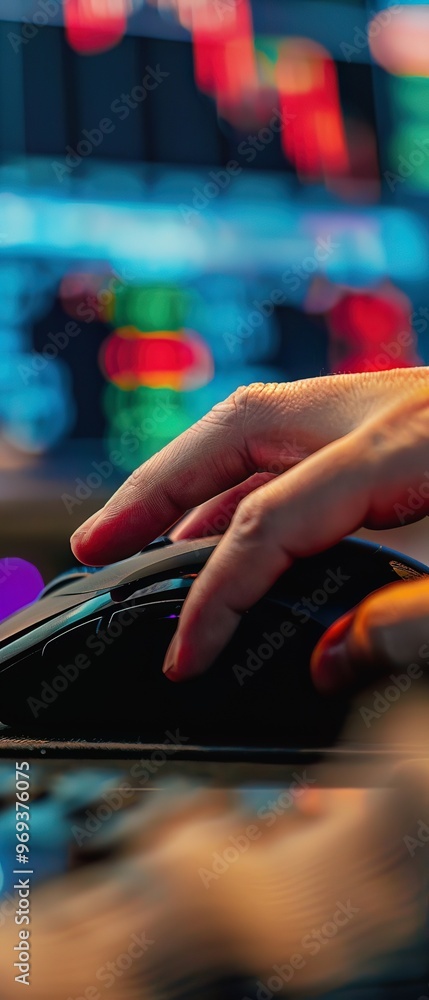 Macro image of a stock traders hand clicking a mouse to execute a trade, capturing the moment of decision, perfect for action in trading Macro image of a stock traders hand clicking a mouse to execute a trade, capturing the moment of decision, perfect for action in trading