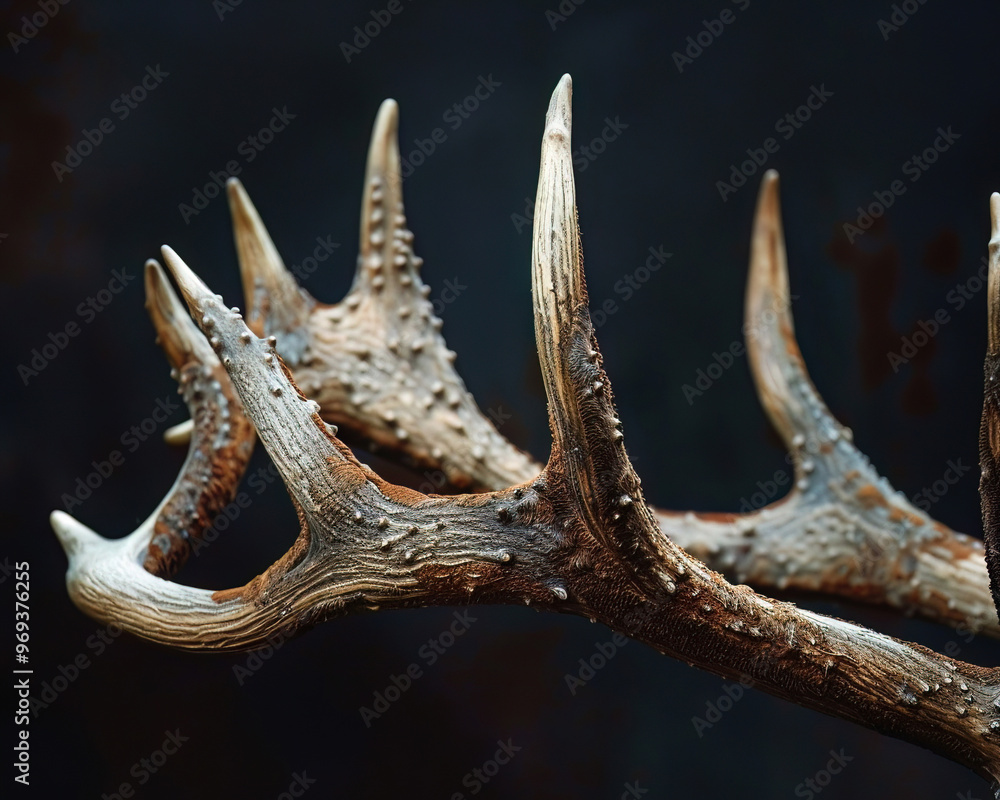 Fototapeta premium Macro view of an elks velvetcovered antlers, emphasizing growth and seasonal changes, suitable for wildlife cycle studies