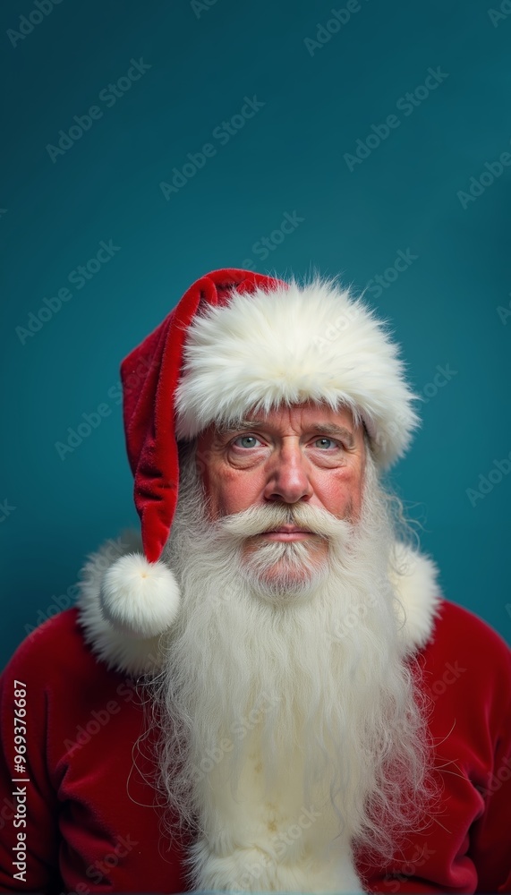 Naklejka premium Sad tired Santa Claus with white beard and red hat exudes warmth and cheer during holiday season