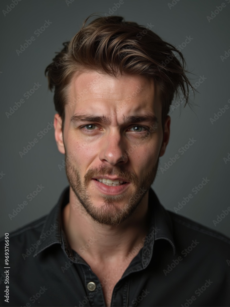 Young man with tousled hair and serious expression engages in deep thought amid subdued backdrop Young man with tousled hair and serious expression engages in deep thought amid subdued backdrop