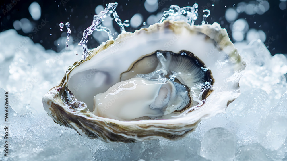 dynamic shot of a freshly shucked oyster, with seawater splashing around it as it is placed on a bed of ice dynamic shot of a freshly shucked oyster, with seawater splashing around it as it is placed on a bed of ice