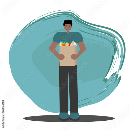 Dark-skinned man shopping, holding brown paper bag with groceries. Vector flat illustration. For e-commerce platforms, grocery store advertisements, shopping-related content, lifestyle blogs.