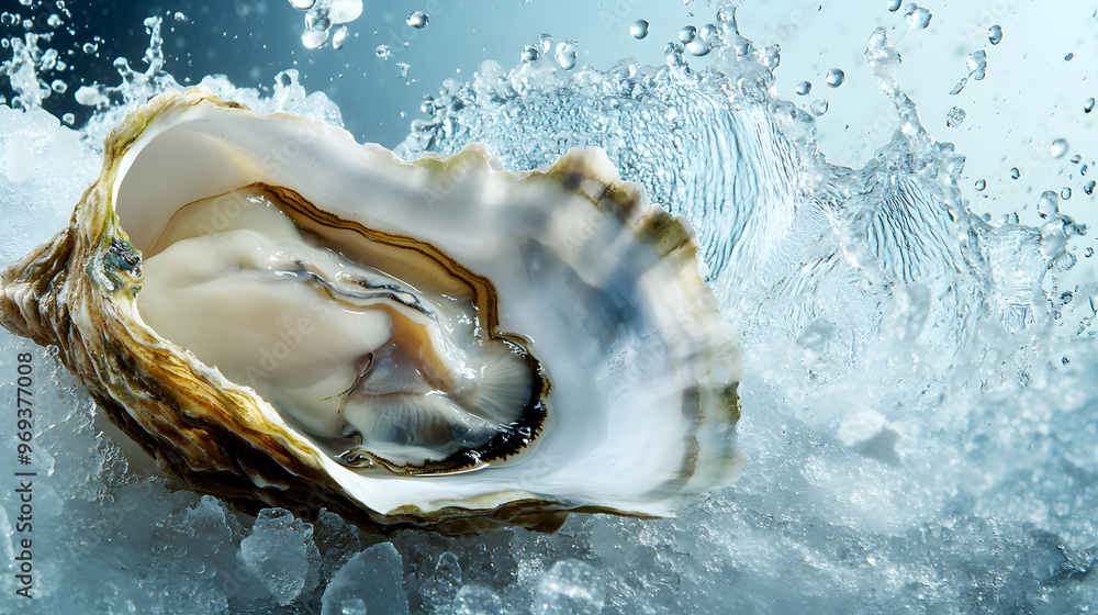 dynamic shot of a freshly shucked oyster, with seawater splashing around it as it is placed on a bed of ice dynamic shot of a freshly shucked oyster, with seawater splashing around it as it is placed on a bed of ice