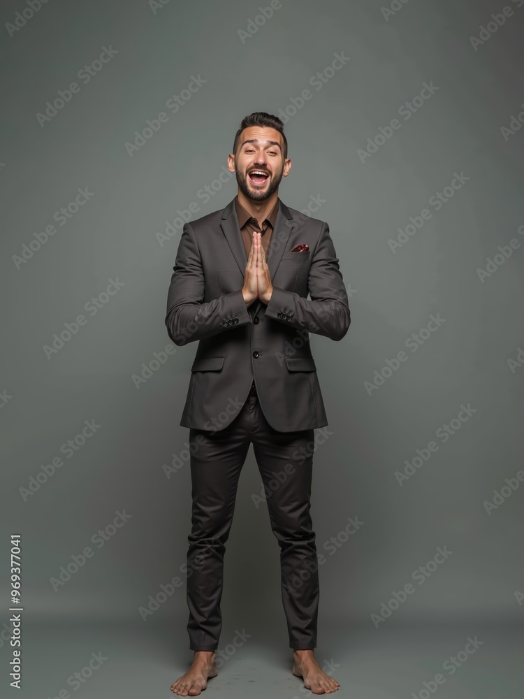 Joyful hispanic man in suit expresses gratitude with hands together, standing barefoot against minimal gray backdrop Joyful hispanic man in suit expresses gratitude with hands together, standing barefoot against minimal gray backdrop