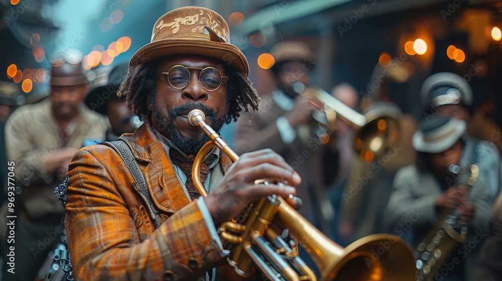 Obraz premium National Jazz Day in a steampunk metropolis, with brass instruments powering the festivities