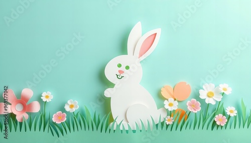 there is a paper cut bunny sitting in the grass with flowers.