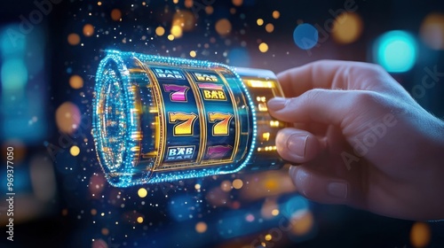 Winner's hand pulling the slot machine lever, celebrating a jackpot win, gold and neon lights