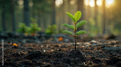 New pine tree sapling, forest floor, text space for reforestation and wilderness campaigns