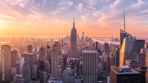 Stunning aerial view of New York City skyline at sunset.