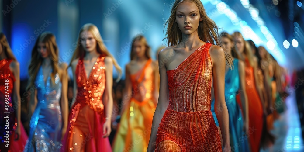 Obraz premium Models showcase vibrant fashion on the runway during a summer collection event in a major city