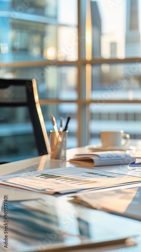 Wallpaper Mural Office desk with papers showing market research, in a welllit, sophisticated environment, minimalist style Torontodigital.ca