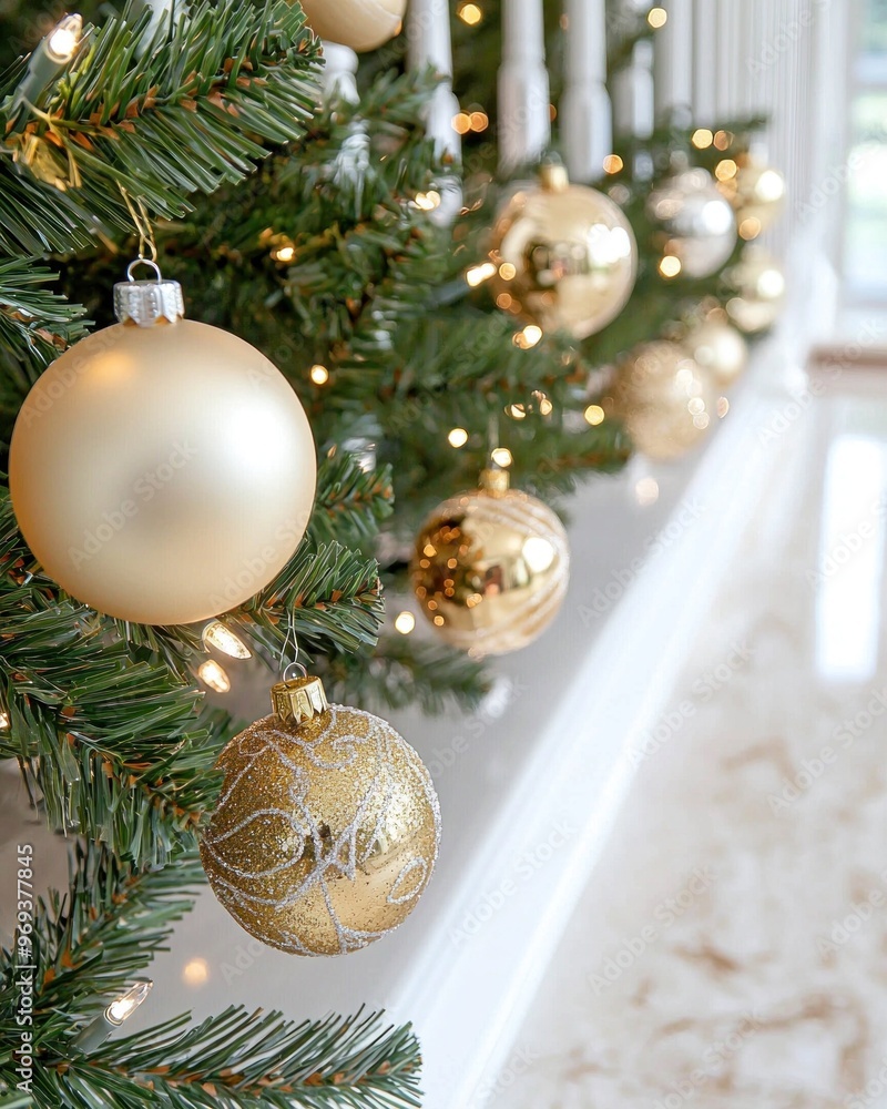 Elegant Christmas Tree Decorated with Gold and White Ornaments. Elegant Christmas Tree Decorated with Gold and White Ornaments.