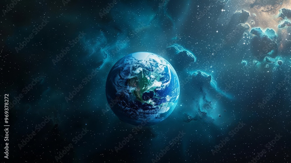 Obraz premium Earth in space surrounded by nebula clouds.
