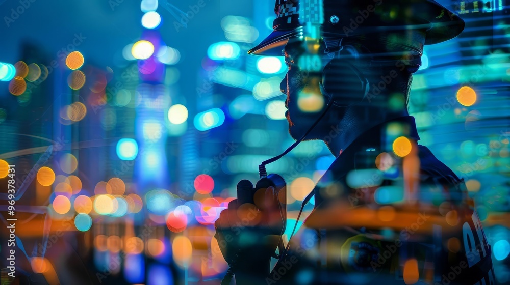 Silhouette of a police officer on a city background at night. Silhouette of a police officer on a city background at night.