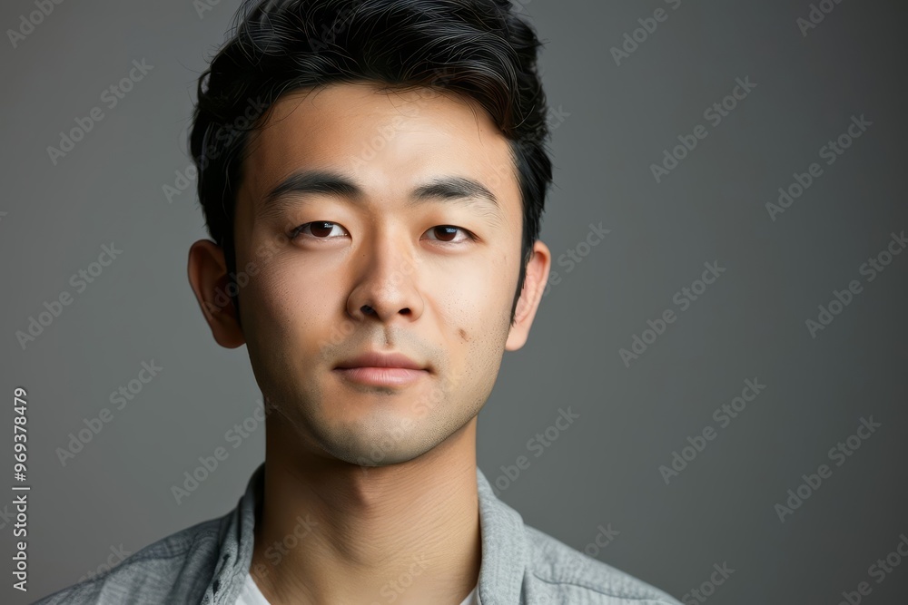 Portrait of a young Asian man with short black hair looking directly at the camera. Portrait of a young Asian man with short black hair looking directly at the camera.