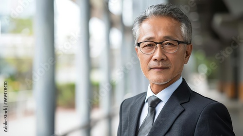 Portrait of a confident senior mature Asian businessman in formal wear, emphasizing professionalism and success with copy space