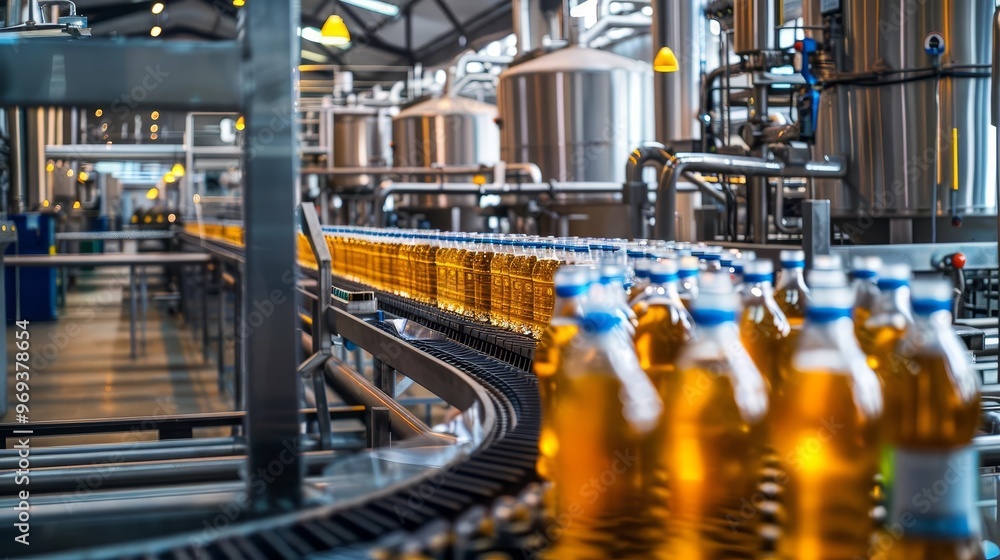 Bottles of beer move along a conveyor belt in a brewery. Bottles of beer move along a conveyor belt in a brewery.