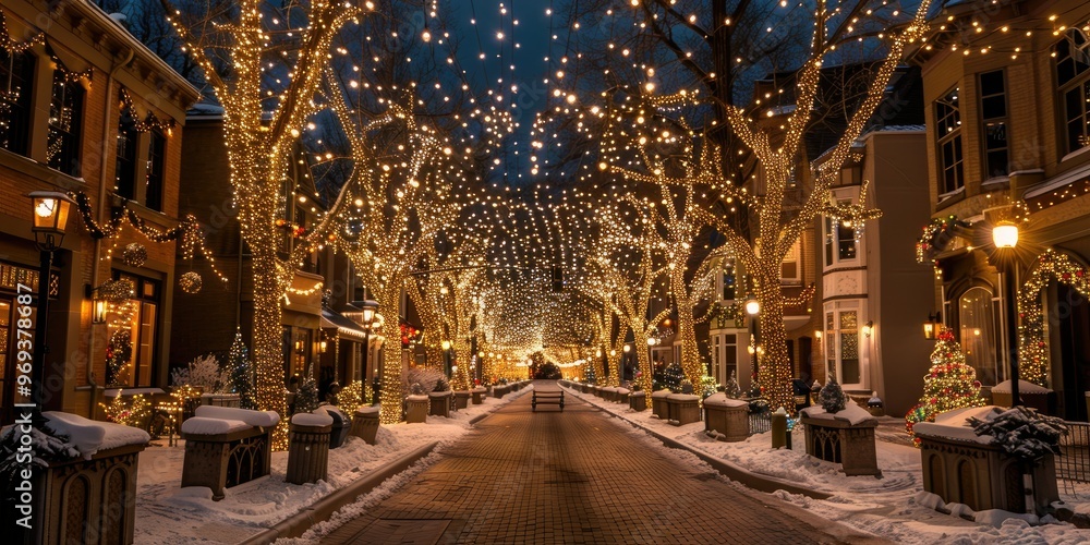 Fototapeta premium A picturesque neighborhood illuminated by festive lights during a winter night