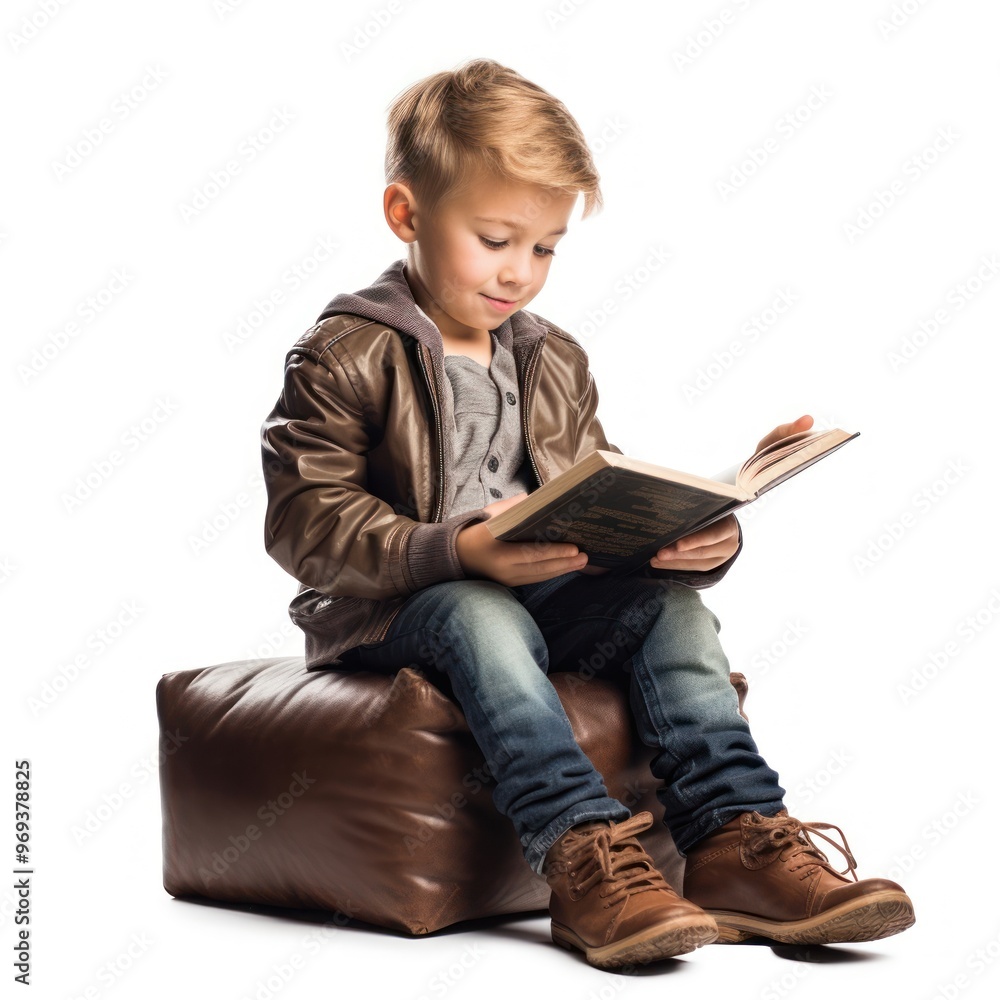 Kid reading book on the leather furniture Kid reading book on the leather furniture