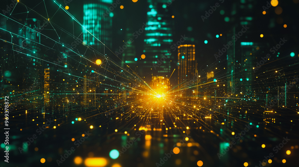 Fototapeta premium smart, digital, city, connection, network, reciprocity, Smart digital city with connection cyber security network reciprocity over the cityscape . future smart wireless digital city and social media n