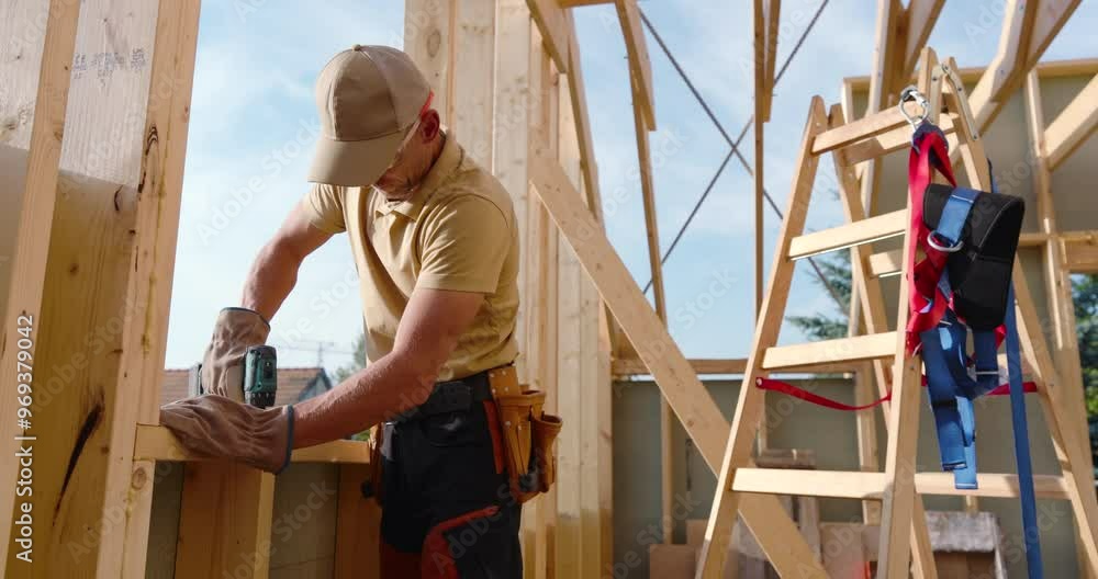 Carpenter Framing New Wall Structure in Residential Home During Daylight Hours Carpenter Framing New Wall Structure in Residential Home During Daylight Hours