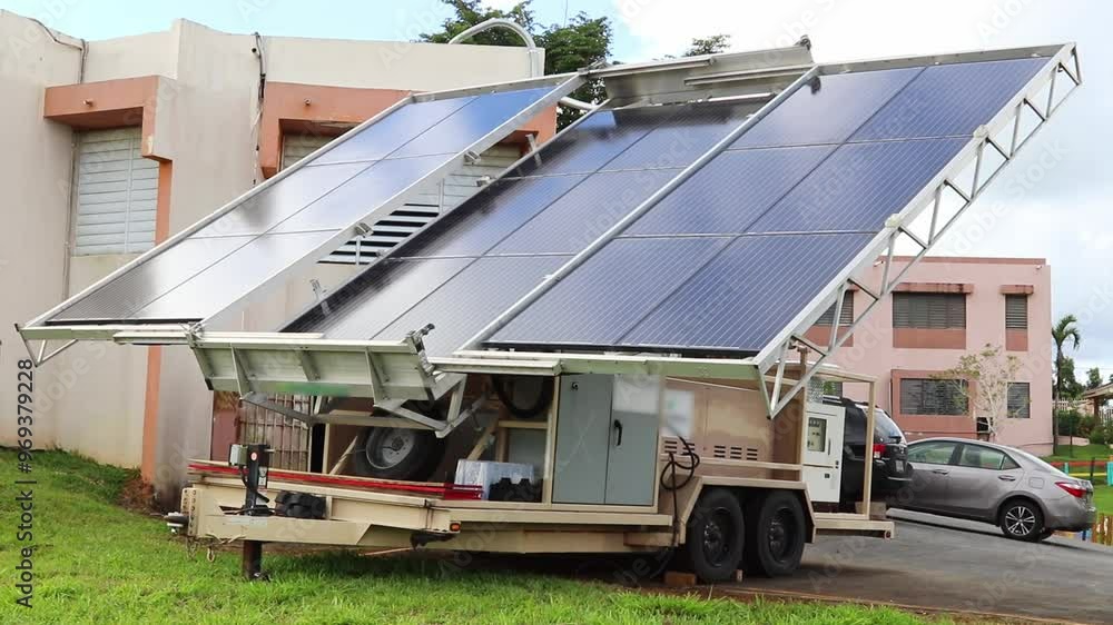Portable solar panel generators in a garden, by urban buildings during daytime