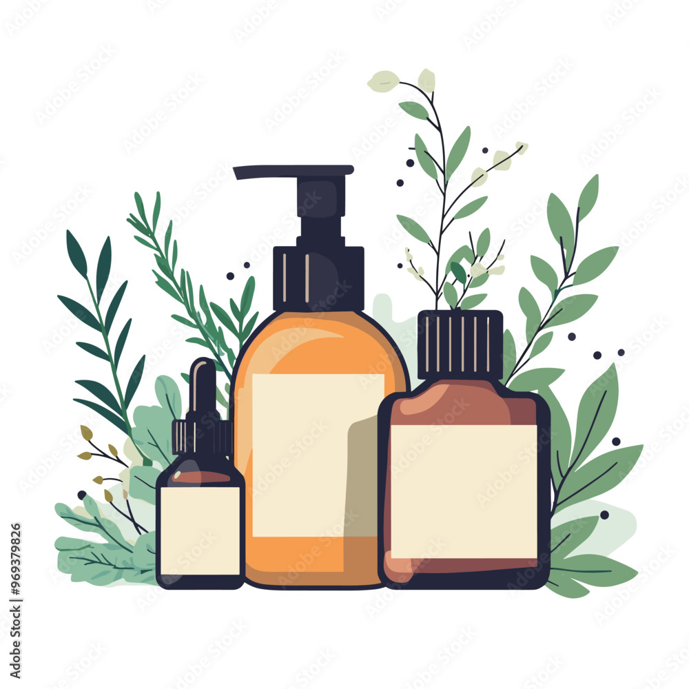 Organic cosmetics for women. Various bottles, tubes and jars for skincare. Female cosmetics: gels, lotions and creams for body care. Concept of natural products. Flat vector illustration Organic cosmetics for women. Various bottles, tubes and jars for skincare. Female cosmetics: gels, lotions and creams for body care. Concept of natural products. Flat vector illustration