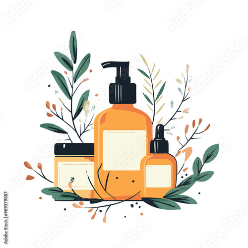 Organic cosmetics for women. Various bottles, tubes and jars for skincare. Female cosmetics: gels, lotions and creams for body care. Concept of natural products. Flat vector illustration