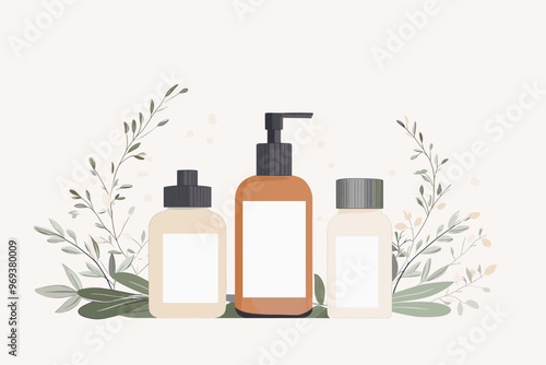 Organic cosmetics for women. Various bottles, tubes and jars for skincare. Female cosmetics: gels, lotions and creams for body care. Concept of natural products. Flat vector illustration