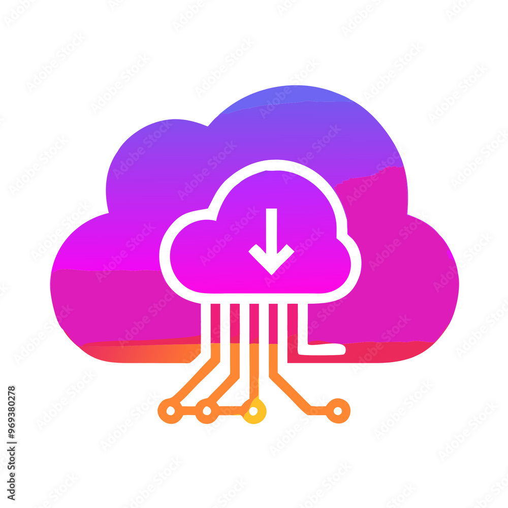 A futuristic cloud with a data transfer symbol, representing cloud storage and data backup, with vibrant digital tones A futuristic cloud with a data transfer symbol, representing cloud storage and data backup, with vibrant digital tones