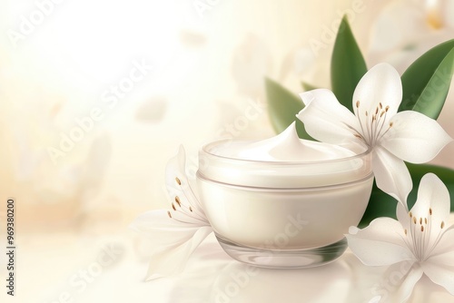 White Cream Jar with Delicate Flowers on a Light Background