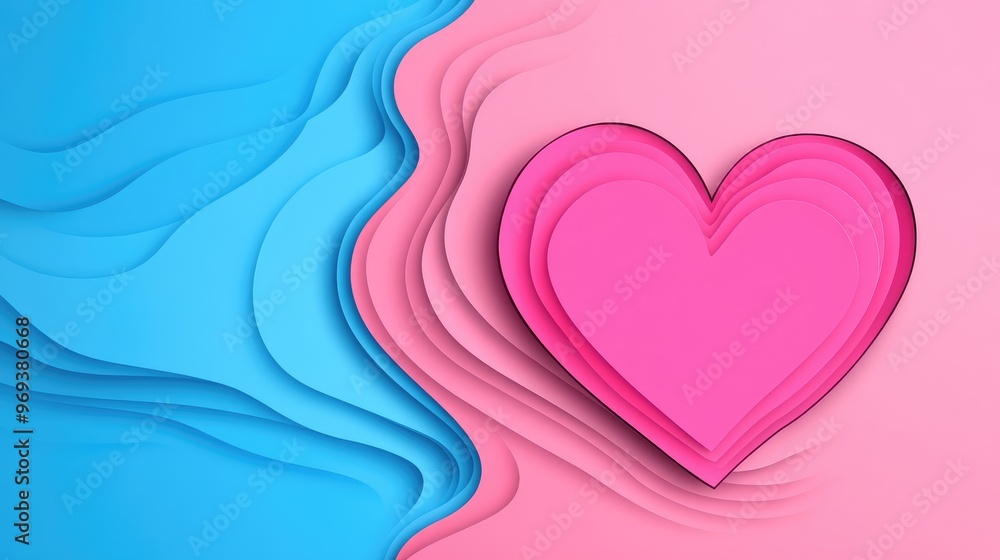 Colorful paper cut confetti heart design against a vibrant blue and pink background Colorful paper cut confetti heart design against a vibrant blue and pink background