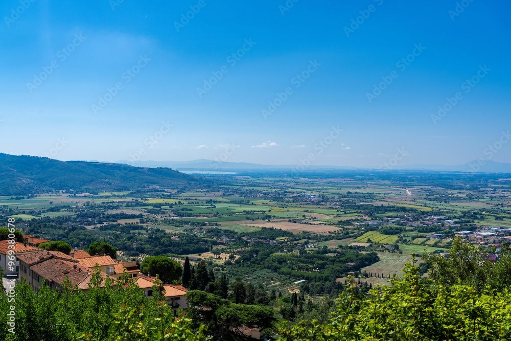 Panoramic view of rural landscape with village and clear blue sky Panoramic view of rural landscape with village and clear blue sky
