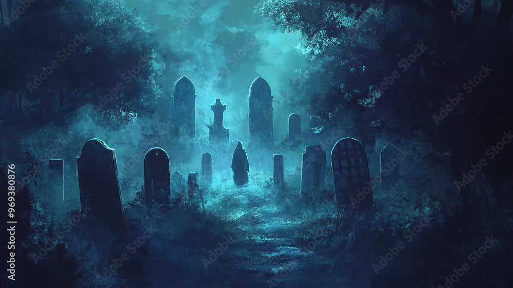 A graveyard with a large number of gravestones and a foggy atmosphere A graveyard with a large number of gravestones and a foggy atmosphere