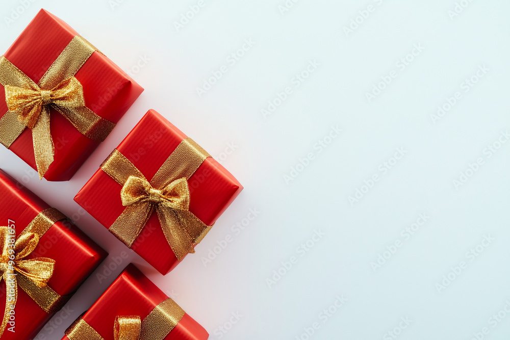 A set of bright colorful gift boxes with a luxurious gold satin ribbon perfect for a soft celebratory theme for christmas, birthday, A set of bright colorful gift boxes with a luxurious gold satin ribbon perfect for a soft celebratory theme for christmas, birthday,