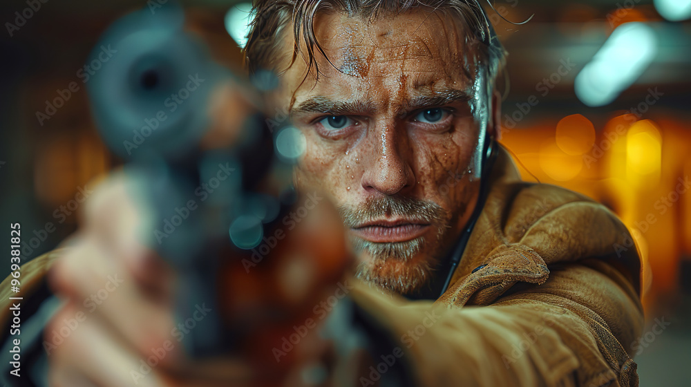 Tough looking military man aiming a gun Tough looking military man aiming a gun
