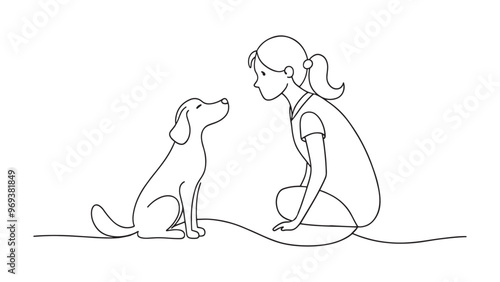  Girl with a dog continuous line art isolated on white background.