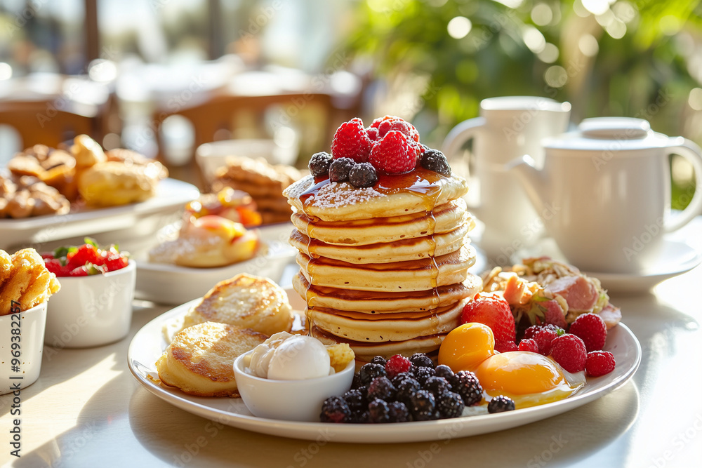 A full English breakfast featuring eggs, sausages, baked beans, grilled tomatoes, and toast. The meal is set on a pristine white plate A full English breakfast featuring eggs, sausages, baked beans, grilled tomatoes, and toast. The meal is set on a pristine white plate