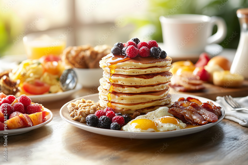 A full English breakfast featuring eggs, sausages, baked beans, grilled tomatoes, and toast. The meal is set on a pristine white plate A full English breakfast featuring eggs, sausages, baked beans, grilled tomatoes, and toast. The meal is set on a pristine white plate