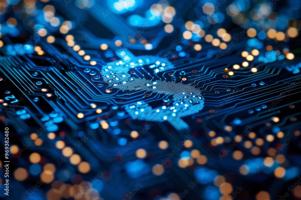 Fototapeta premium Illuminated dollar symbol on circuitry background representing modern finance and technology in a digital age