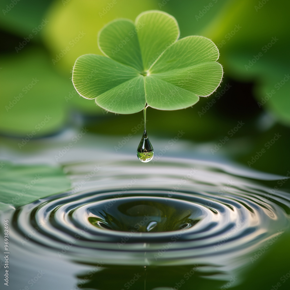 a peaceful image of multiple water droplets splashing across green clover leafs. The clarity of the droplets and the fine texture of the leaf should create a soothing, spa-like atmosphere. a peaceful image of multiple water droplets splashing across green clover leafs. The clarity of the droplets and the fine texture of the leaf should create a soothing, spa-like atmosphere.