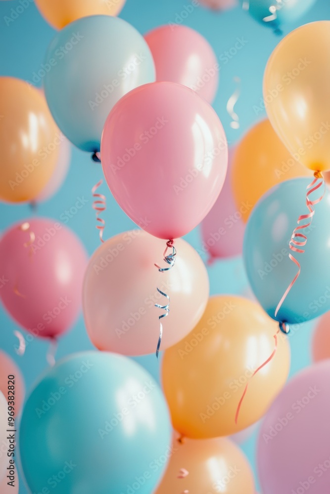 Pastel Color Birthday Party Balloons Floating in the Air Pastel Color Birthday Party Balloons Floating in the Air