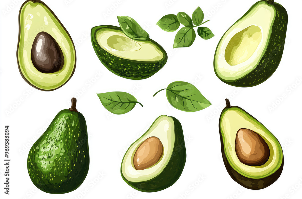 A Series of Avocados in Various Shapes and Slices for a Fresh and Healthy Presentation A Series of Avocados in Various Shapes and Slices for a Fresh and Healthy Presentation