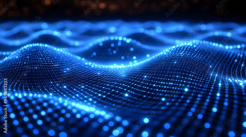 A digital representation of waves illuminated by blue lights, creating a futuristic ambiance. A digital representation of waves illuminated by blue lights, creating a futuristic ambiance.