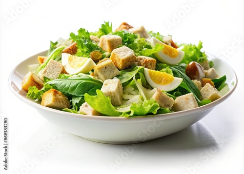 Caesar salad served in white plate, isolated on white background