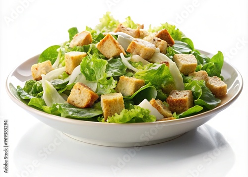 Caesar salad served in white plate, isolated on white background